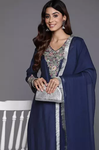 Floral Embroidered Thread Work Kurta with Trousers & Dupatta
