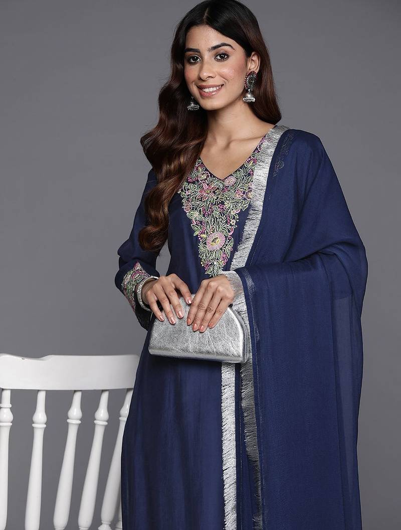 Floral Embroidered Thread Work Kurta with Trousers & Dupatta