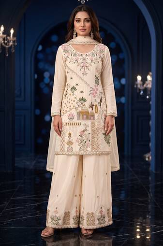 Cream premium silk blend embroidered top palazzo suit with designer dupatta
