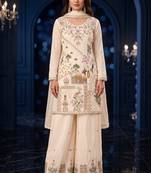 Cream premium silk blend embroidered top palazzo suit with designer dupatta