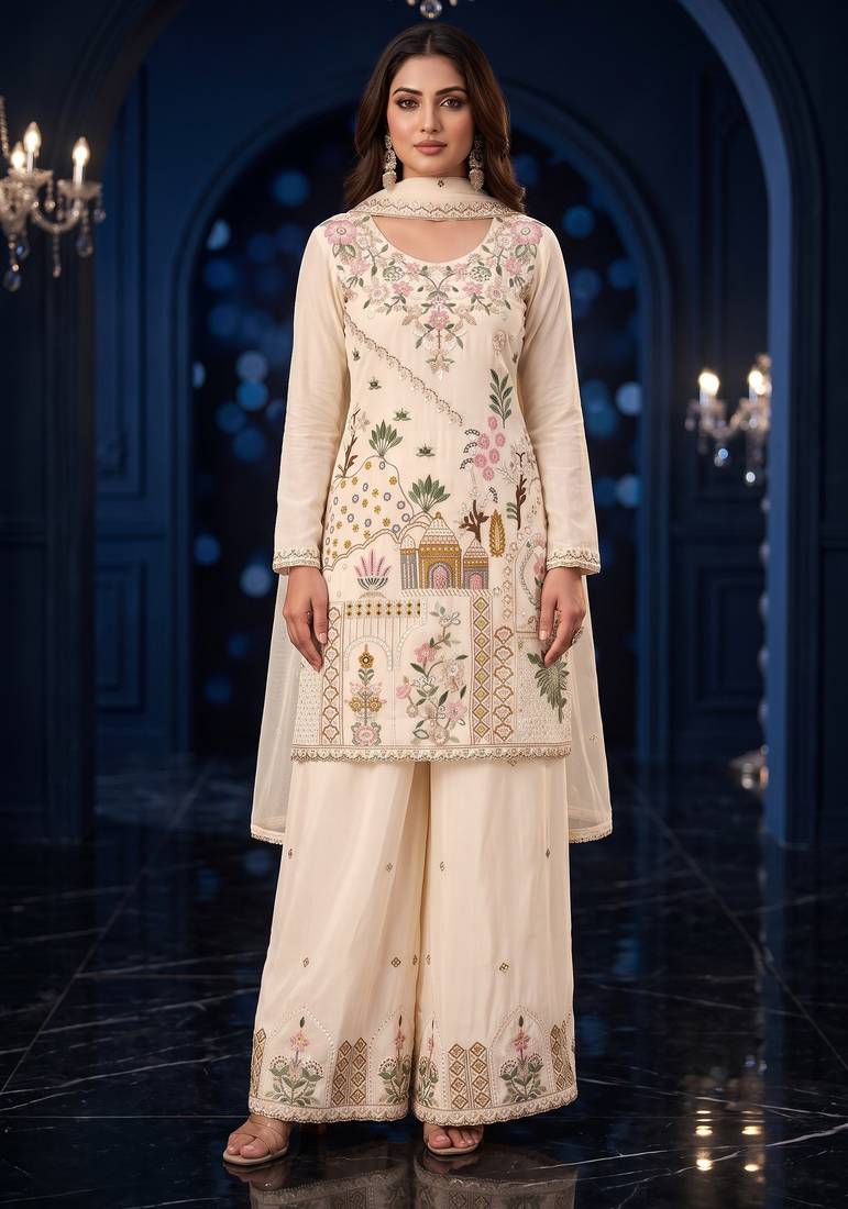 Cream premium silk blend embroidered top palazzo suit with designer dupatta