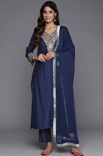 Floral Embroidered Thread Work Kurta with Trousers & Dupatta