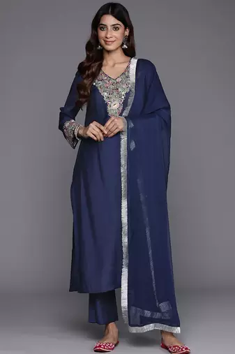 Floral Embroidered Thread Work Kurta with Trousers & Dupatta