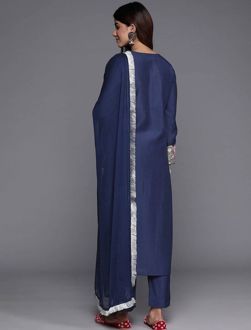 Floral Embroidered Thread Work Kurta with Trousers & Dupatta