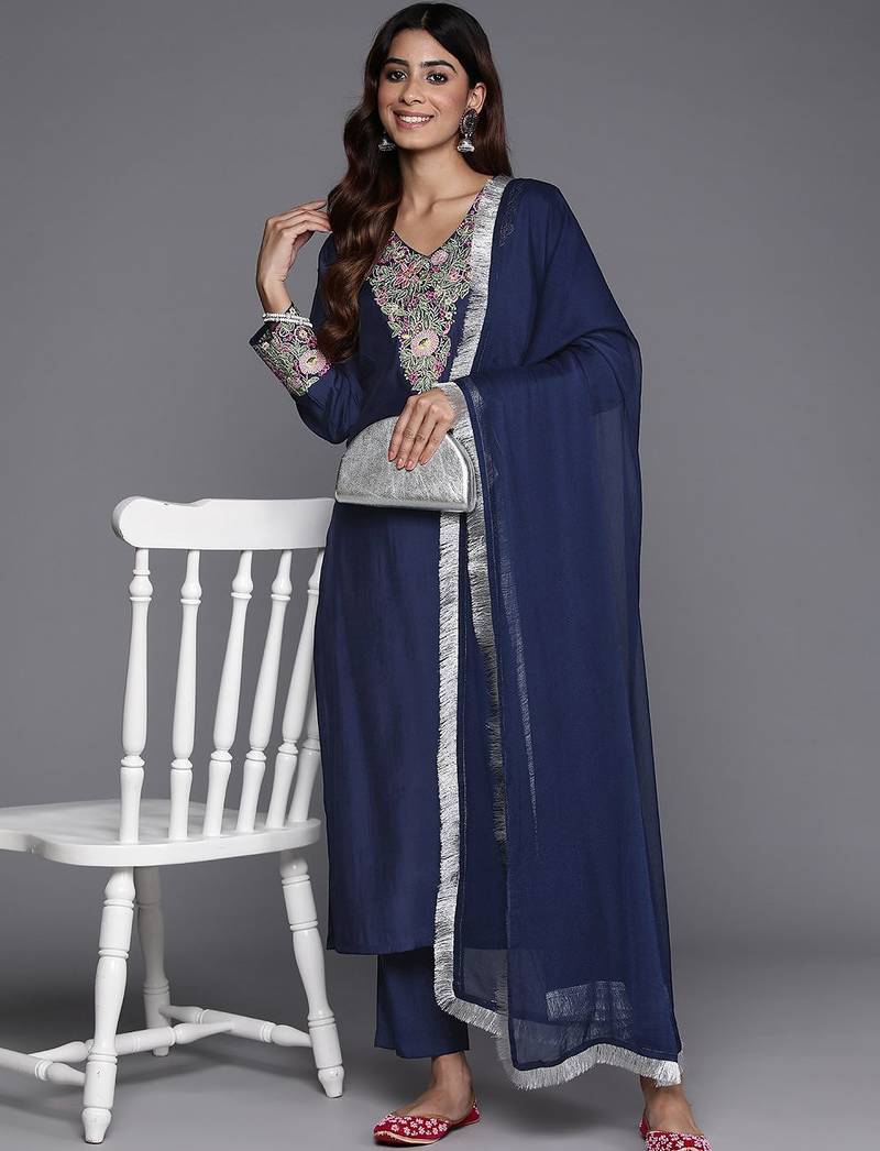 Floral Embroidered Thread Work Kurta with Trousers & Dupatta