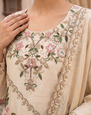 Cream premium silk blend embroidered top palazzo suit with designer dupatta 2