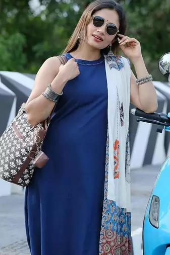 Beautiful navy blue solid handloom cotton sleeveless a-line kurti with printed dupatta set
