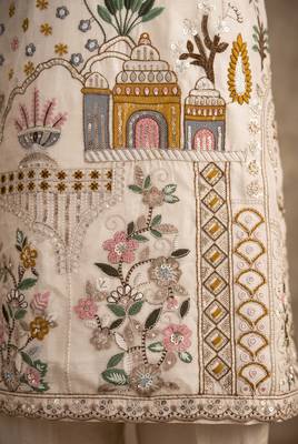 Cream premium silk blend embroidered top palazzo suit with designer dupatta 3