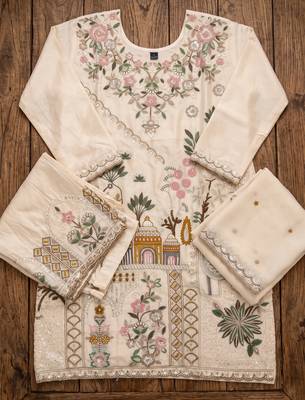 Cream premium silk blend embroidered top palazzo suit with designer dupatta 4