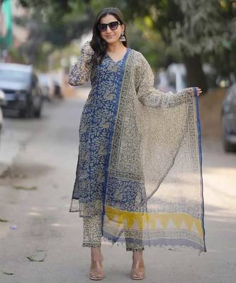 Beautiful indigo blue hand block printed kota doria straight kurta suit set 1