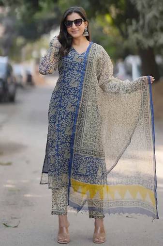 Beautiful indigo blue hand block printed kota doria straight kurta suit set