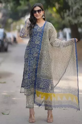Beautiful indigo blue hand block printed kota doria straight kurta suit set