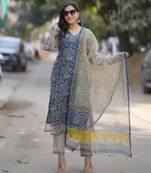 Beautiful indigo blue hand block printed kota doria straight kurta suit set
