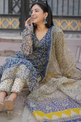 Beautiful indigo blue hand block printed kota doria straight kurta suit set