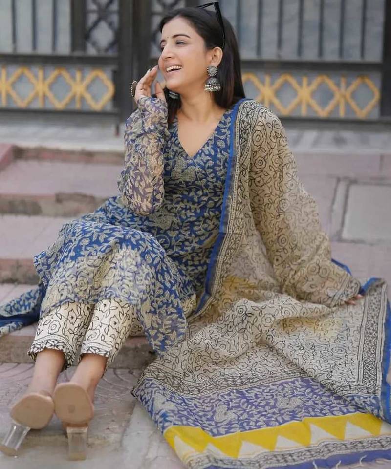 Beautiful indigo blue hand block printed kota doria straight kurta suit set