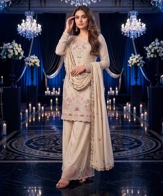 Cream premium silk blend embroidered top palazzo suit with designer dupatta 1