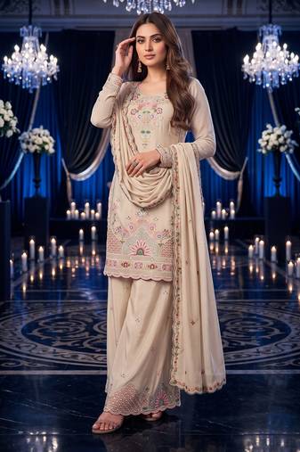 Cream premium silk blend embroidered top palazzo suit with designer dupatta