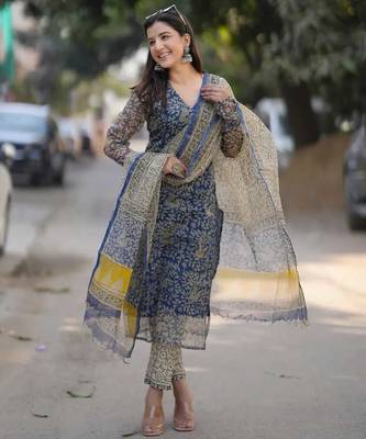 Beautiful indigo blue hand block printed kota doria straight kurta suit set 3