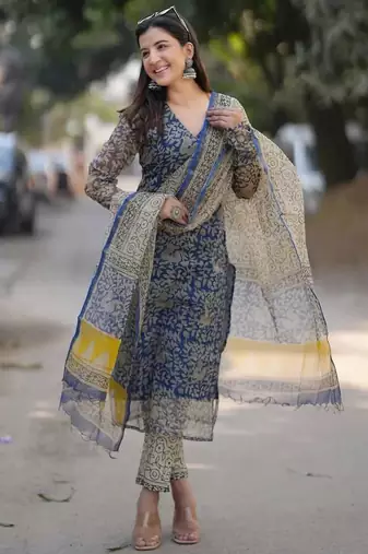 Beautiful indigo blue hand block printed kota doria straight kurta suit set