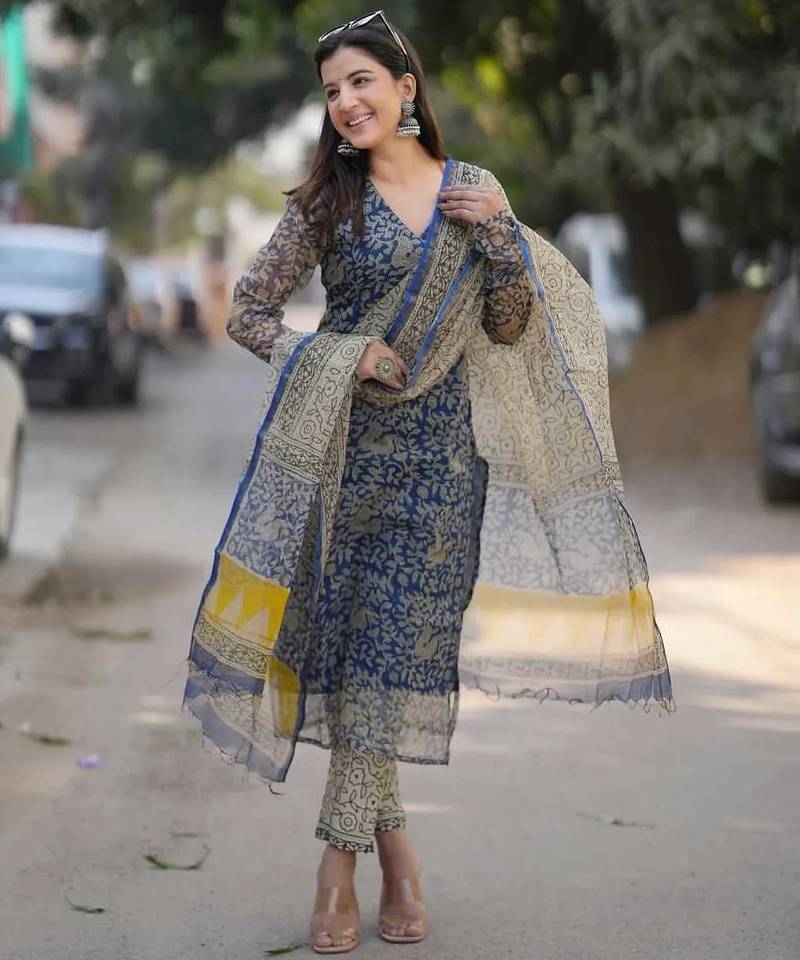Beautiful indigo blue hand block printed kota doria straight kurta suit set