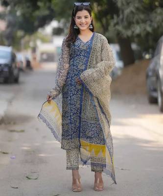 Beautiful indigo blue hand block printed kota doria straight kurta suit set 4