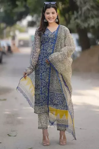 Beautiful indigo blue hand block printed kota doria straight kurta suit set