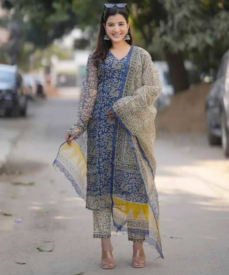 Beautiful indigo blue hand block printed kota doria straight kurta suit set