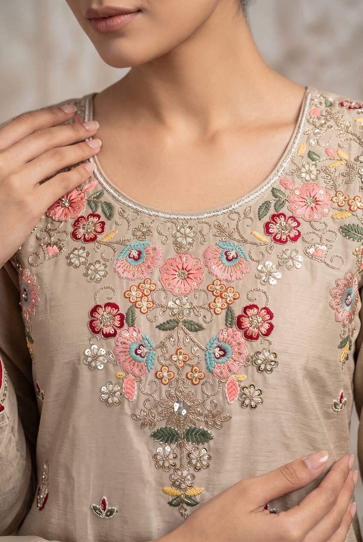 Cream premium silk blend embroidered top palazzo suit with designer dupatta