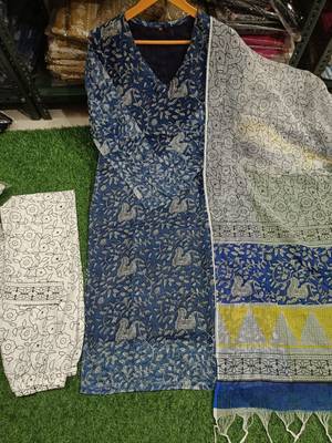 Beautiful indigo blue hand block printed kota doria straight kurta suit set 5