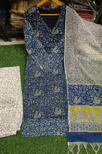 Beautiful indigo blue hand block printed kota doria straight kurta suit set