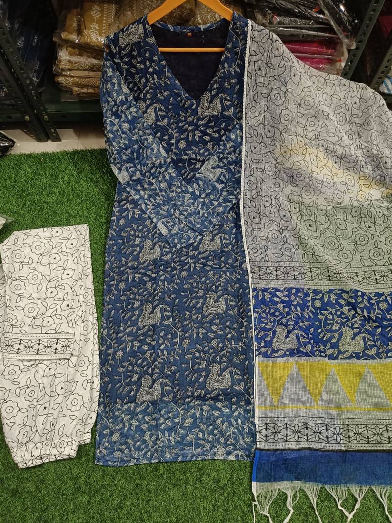 Beautiful indigo blue hand block printed kota doria straight kurta suit set