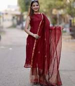 Beautiful maroon embroidered tussar silk sleeveless kurta set