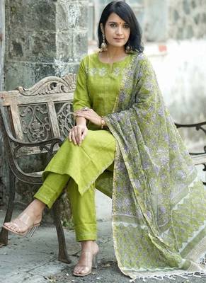 Beautiful mehendi green intricate thread embroidery khadi cotton straight kurta set with handblock kota doria dupatta 3