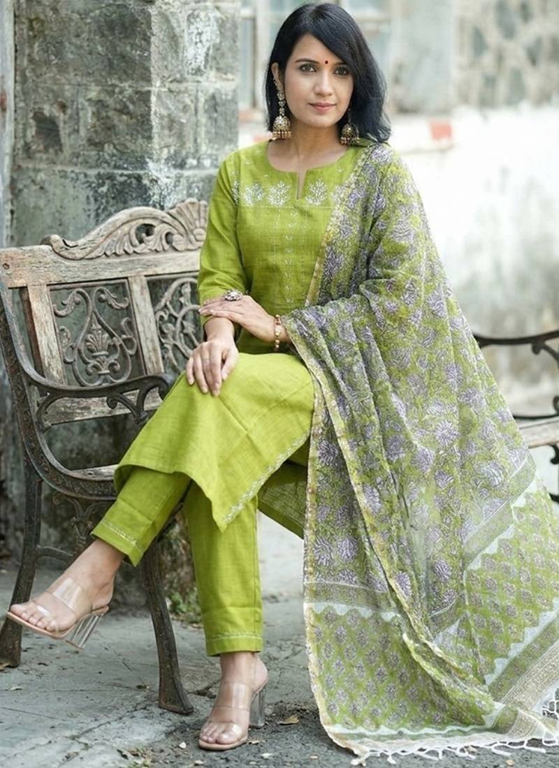 Beautiful mehendi green intricate thread embroidery khadi cotton straight kurta set with handblock kota doria dupatta