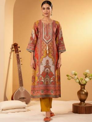 Women Ethnic Motifs Printed Regular Thread Work Chanderi Silk Kurta with Trousers 1