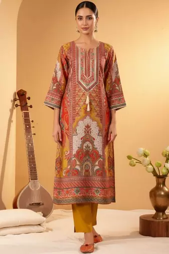 Women Ethnic Motifs Printed Regular Thread Work Chanderi Silk Kurta with Trousers