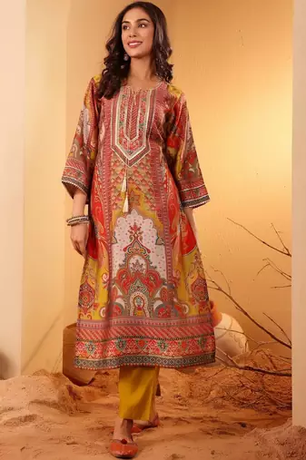 Women Ethnic Motifs Printed Regular Thread Work Chanderi Silk Kurta with Trousers