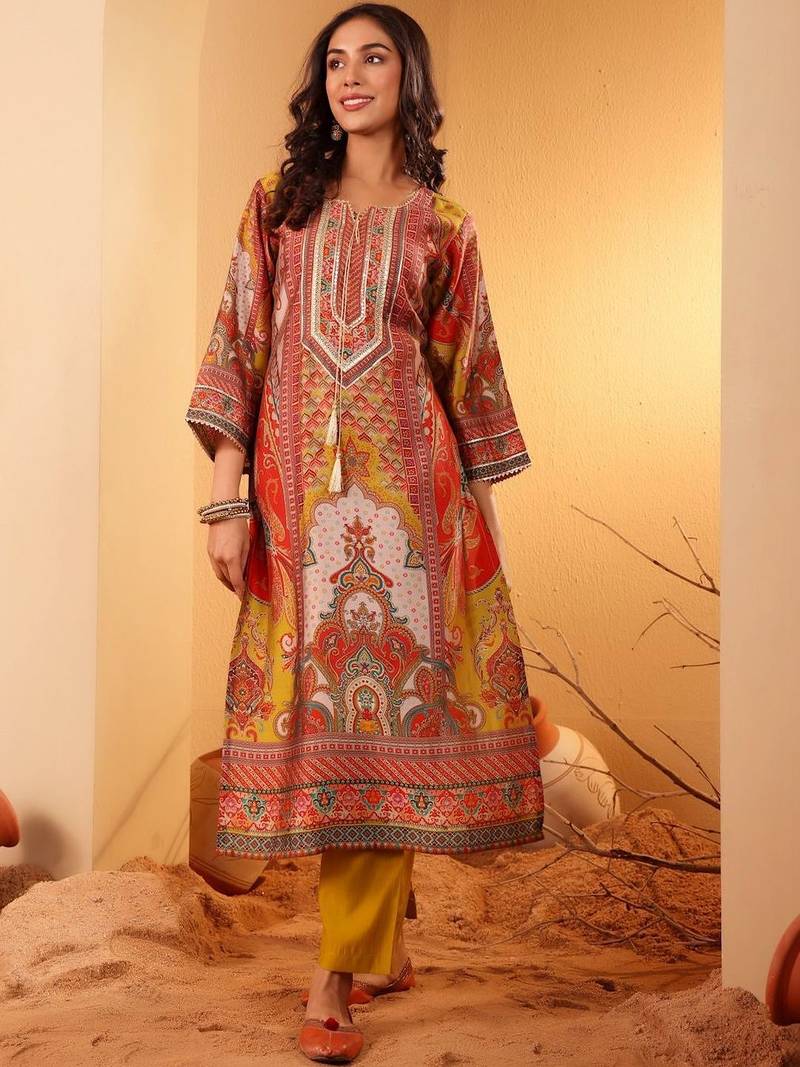Women Ethnic Motifs Printed Regular Thread Work Chanderi Silk Kurta with Trousers