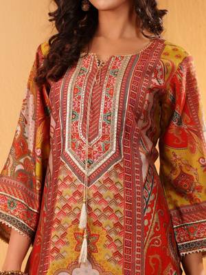 Women Ethnic Motifs Printed Regular Thread Work Chanderi Silk Kurta with Trousers 3