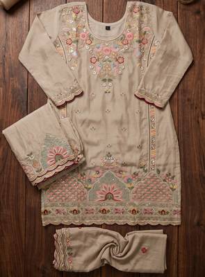 Cream premium silk blend embroidered top palazzo suit with designer dupatta 3