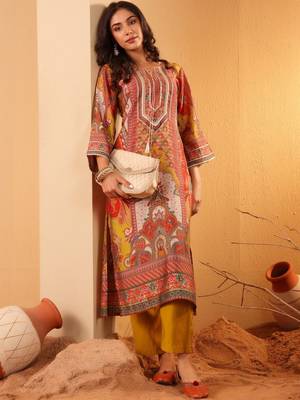 Women Ethnic Motifs Printed Regular Thread Work Chanderi Silk Kurta with Trousers 4