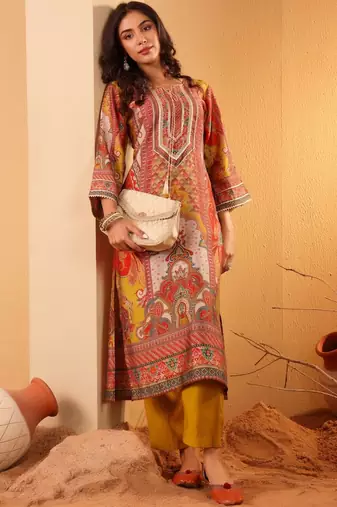 Women Ethnic Motifs Printed Regular Thread Work Chanderi Silk Kurta with Trousers