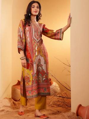 Women Ethnic Motifs Printed Regular Thread Work Chanderi Silk Kurta with Trousers 6
