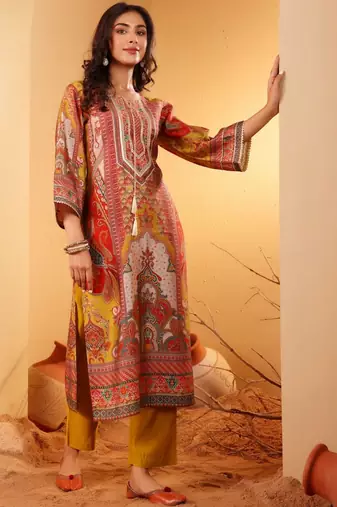 Women Ethnic Motifs Printed Regular Thread Work Chanderi Silk Kurta with Trousers