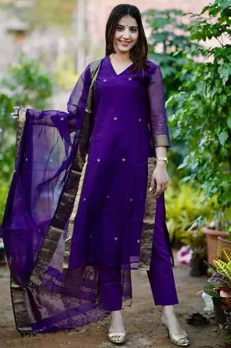 Beautiful purple zari work chanderi silk straight kurta set with dupatta