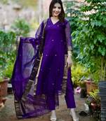 Beautiful purple zari work chanderi silk straight kurta set with dupatta