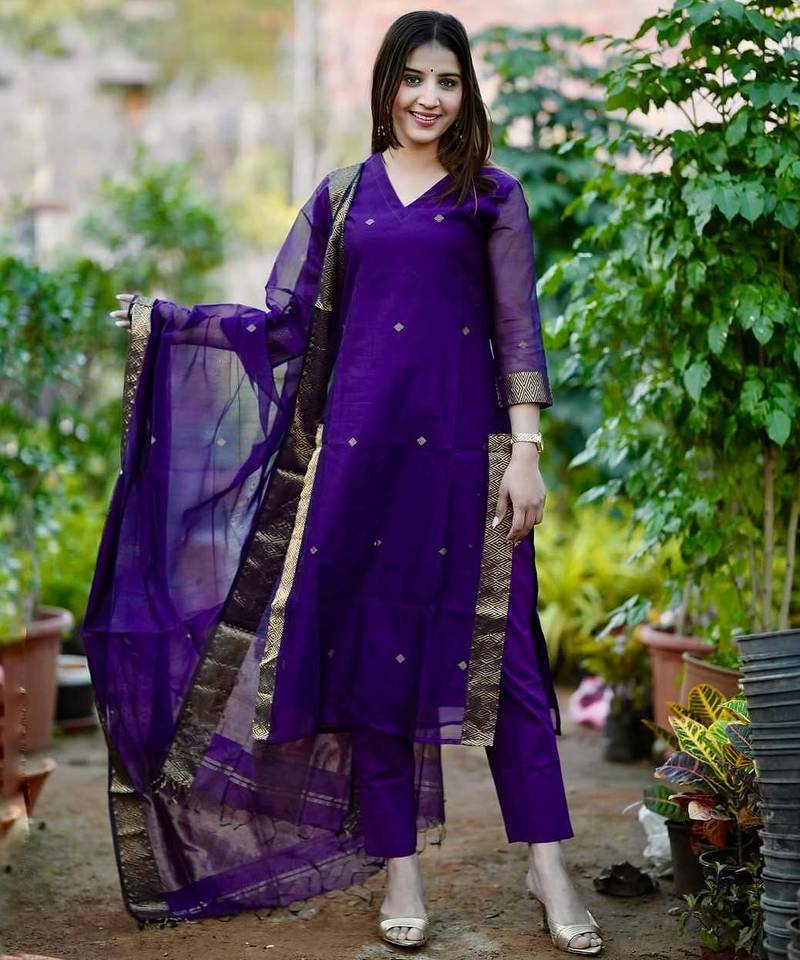 Beautiful purple zari work chanderi silk straight kurta set with dupatta