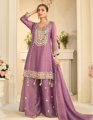 Mauve heavy simar silk blend mirror work top palazzo & dupatta set 1