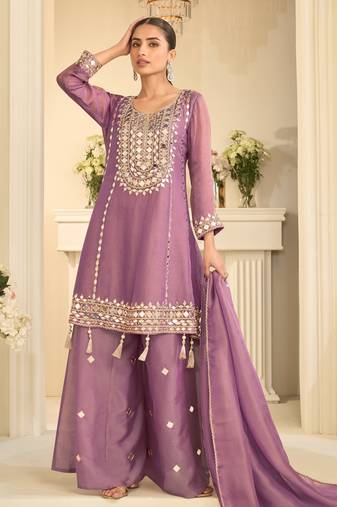 Mauve heavy simar silk blend mirror work top palazzo & dupatta set