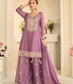 Mauve heavy simar silk blend mirror work top palazzo & dupatta set